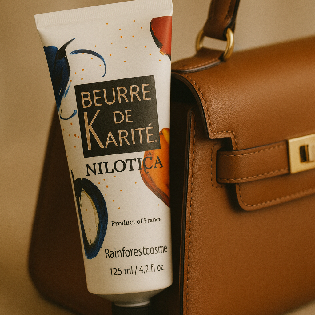 Befeuchte deine Haut mit der rohen Nilotica-Sheabutter-Creme von Rainforestcosme. 125 ml